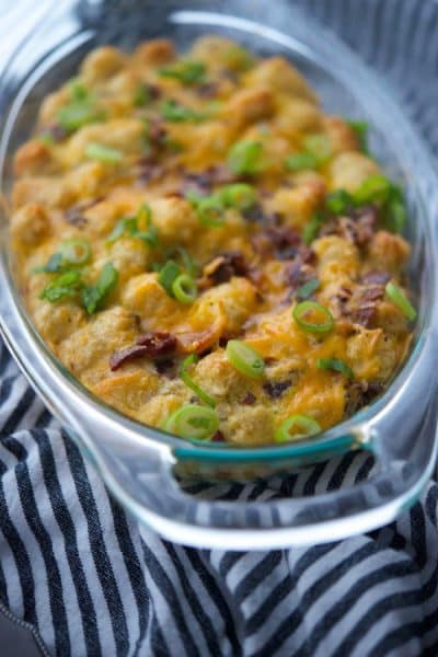 This quick and easy, 5 ingredient Tater Tot Breakfast Casserole made with eggs, cheese and bacon is a tasty breakfast idea when feeding a crowd.