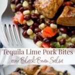 Tequila Lime Pork Bites over Black Bean Salsa on a table with a fork