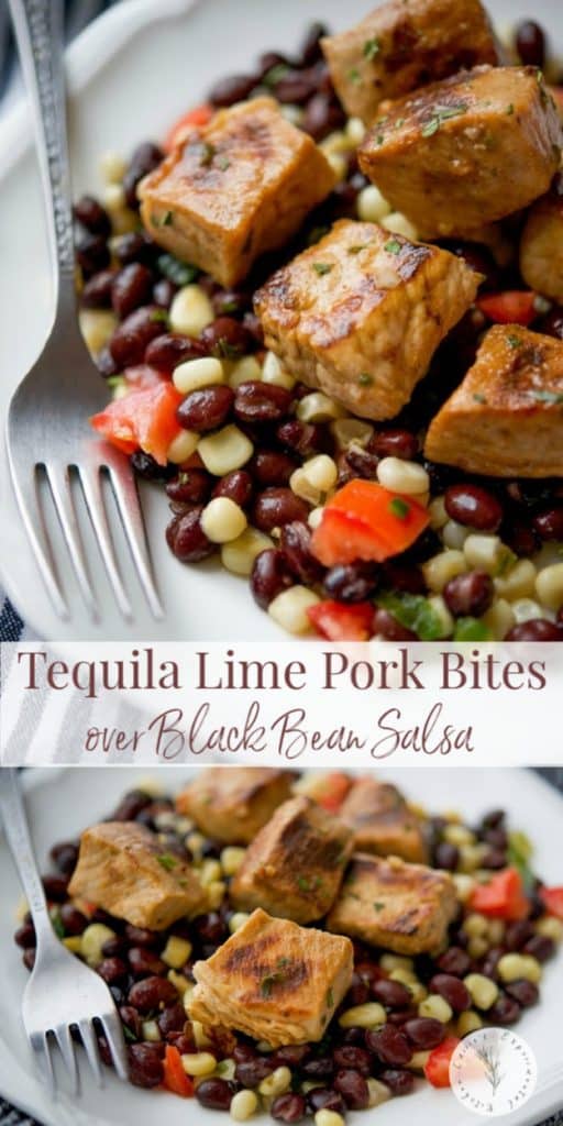 Tequila Lime Pork Bites over Black Bean Salsa on a table with a fork