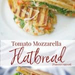 Close up of a Tomato Mozzarella Flatbread on a white plate