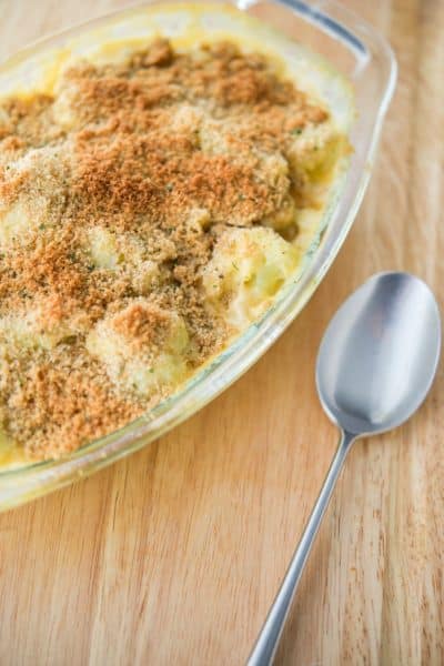 Steamed cauliflower combined with a sharp cheddar cheese sauce; then topped with buttery Italian breadcrumbs.