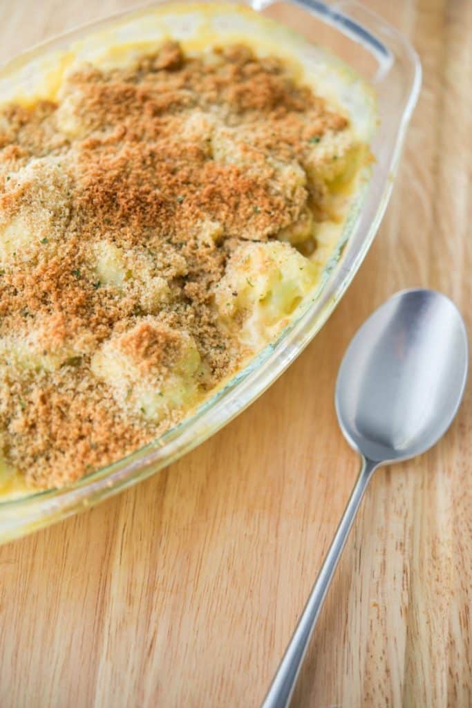 Steamed cauliflower combined with a sharp cheddar cheese sauce; then topped with buttery Italian breadcrumbs.