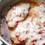 Boneless pork chops pan fried pizzaiola style with garlic in olive oil; then topped with fire roasted tomatoes, oregano and Mozzarella cheese.