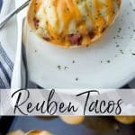Reuben Tacos are made by stuffing soft tortilla bowls with diced corned beef, sauerkraut, and Swiss cheese; then baked and topped with Russian Dressing. 