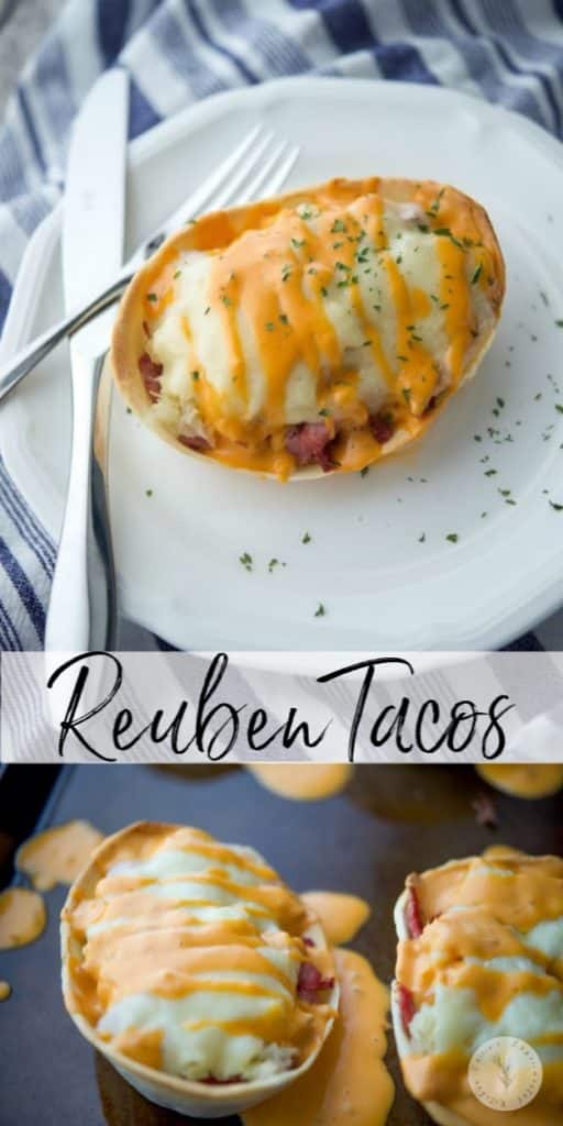 close up of Reuben taco on a white plate