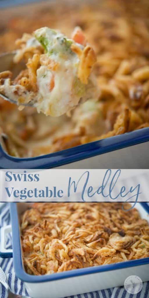 Close up of Swiss Vegetable Medley in a casserole dish