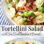 Cheese tortellini combined with sun dried tomatoes and broccoli in a zesty Italian vinaigrette dressing is a hearty cold pasta salad.