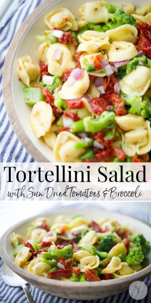 Cheese tortellini combined with sun dried tomatoes and broccoli in a zesty Italian vinaigrette dressing is a hearty cold pasta salad. 