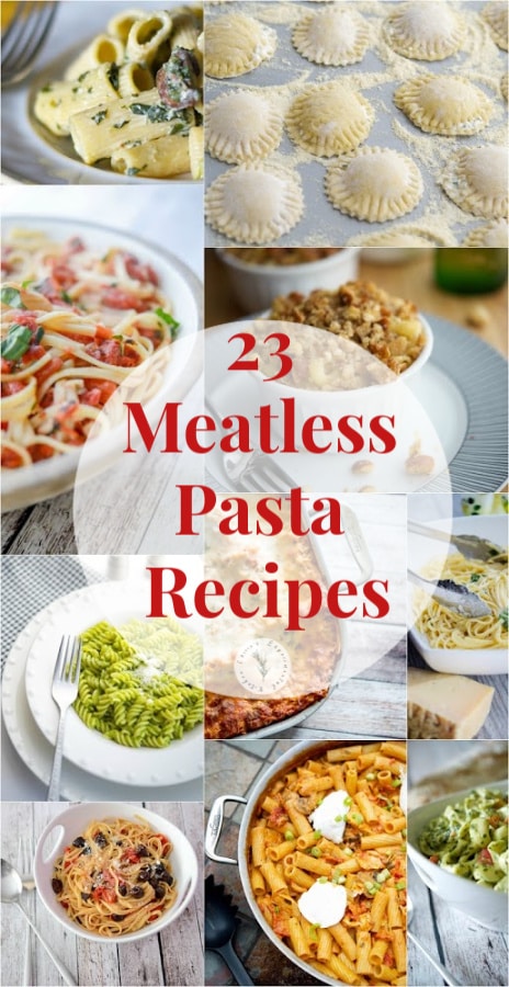 A bunch of food on a plate, with meatless pasta recipes