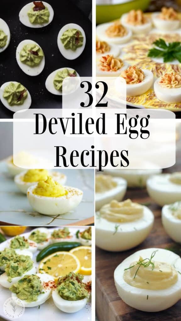 Round up post on 32 Deviled Egg Recipes