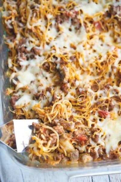 Spaghetti casserole in a baking dish.