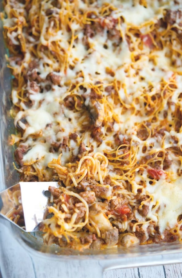 Spaghetti casserole in a baking dish. 