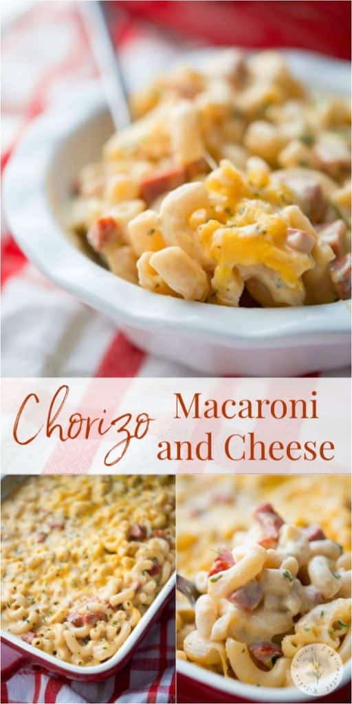 Three images of Chorizo Macaroni and Cheese in a collage. 