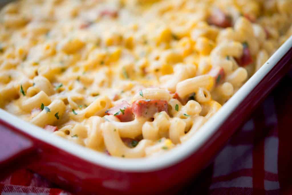 Chorizo Macaroni and Cheese in a casserole dish