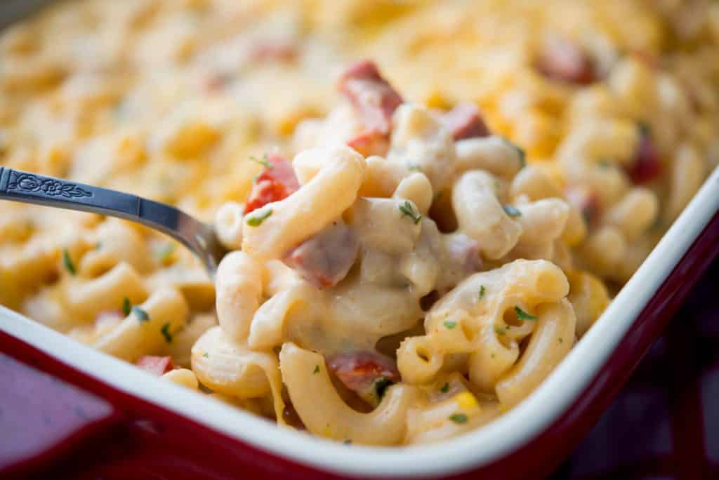 Chorizo Macaroni and Cheese on a spoon