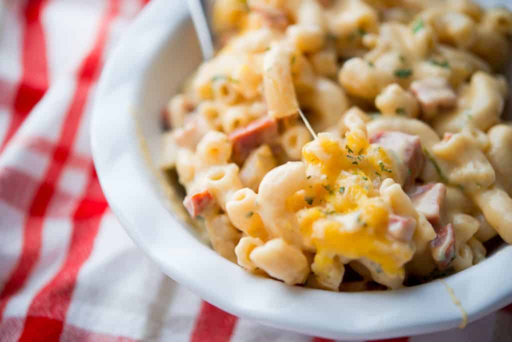 Chorizo Macaroni and Cheese in a serving dish