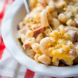 Chorizo Macaroni and Cheese in a serving dish