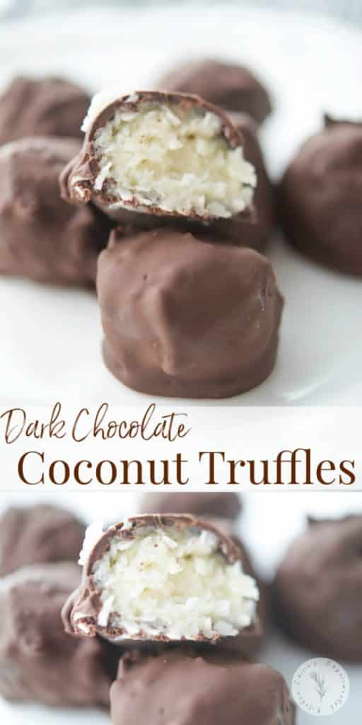 Coconut truffles made with coconut flakes and sweetened condensed milk; then dipped in melted dark chocolate.