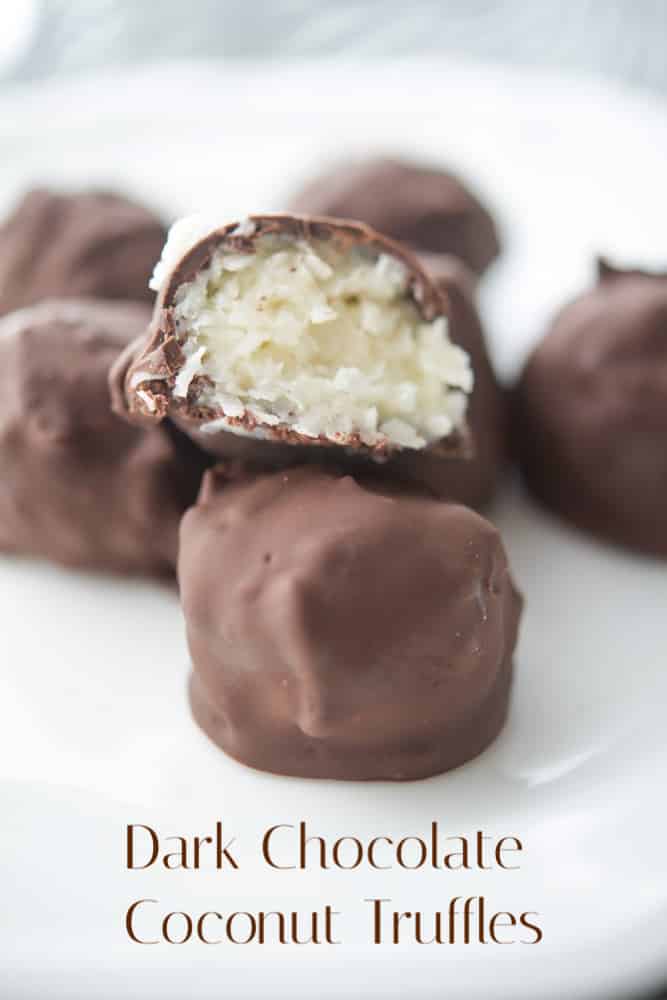 Coconut truffles made with coconut flakes and sweetened condensed milk; then dipped in melted dark chocolate make a tasty treat! 