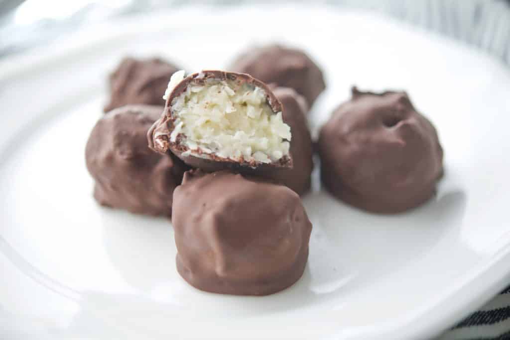 Dark Chocolate Coconut Truffles on a white plate