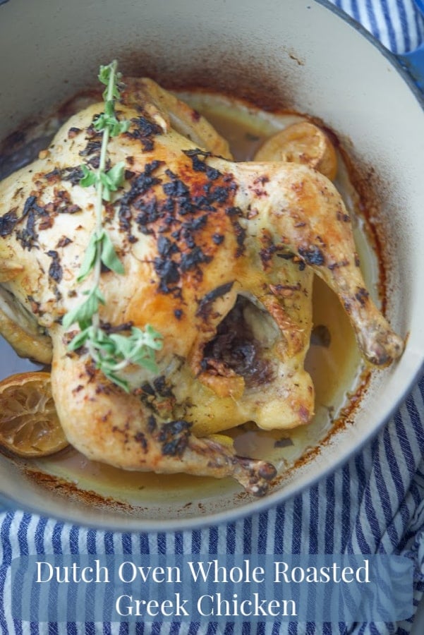 Whole roasted chicken topped with garlic, lemon zest, fresh oregano and extra virgin olive oil; then cooked in a Dutch oven.