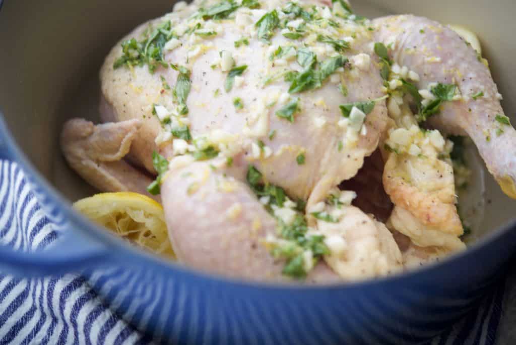 Dutch Oven Whole Roasted Greek Chicken before cooking. 