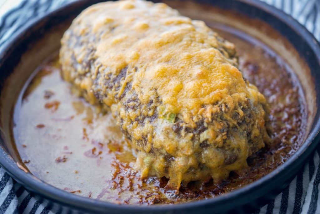 Cheesy Meatloaf in baking dish horizontal