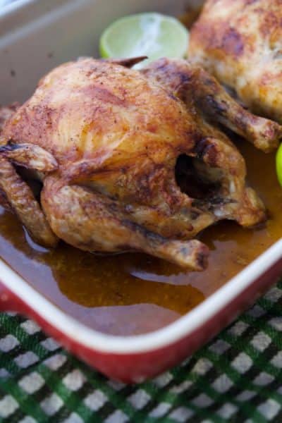 Cornish Game Hens seasoned with a rub of chili powder, Kosher salt, lime zest and juice and EVOO; then roasted until golden brown. 