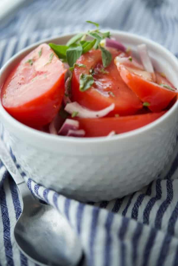 A close up of tomatoes and onions in a white bowl. 