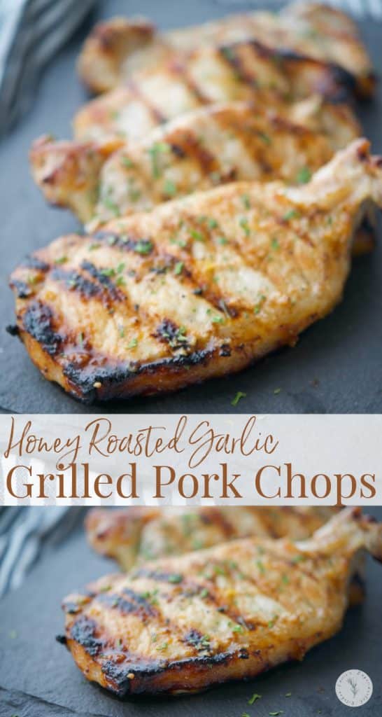 Boneless center cut pork chops marinated in a honey and roasted garlic vinaigrette; then grilled are super tender and delicious. 