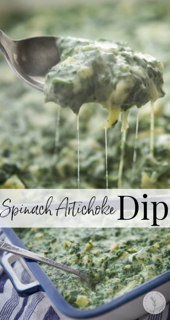 Spinach Artichoke Dip made with artichoke hearts, chopped spinach, and garlic in a cheesy sauce makes a tasty dip or topping for homemade pizza. 