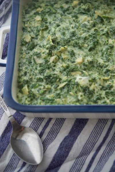 Spinach Artichoke Dip made with artichoke hearts, chopped spinach, and garlic in a cheesy sauce makes a tasty dip or topping for homemade pizza. 