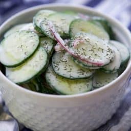 Old Fashioned Cucumber Salad in a white bowl.