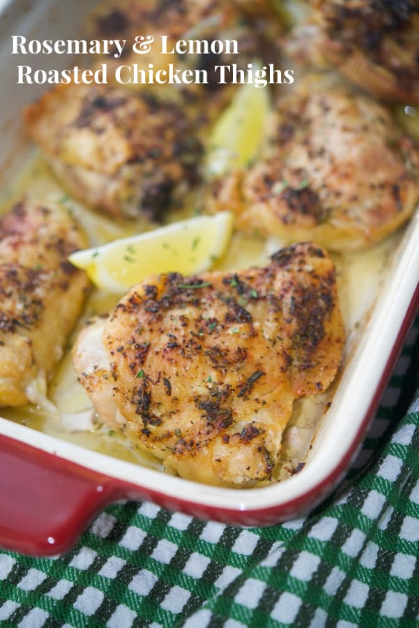 A close up of roasted rosemary and lemon chicken thighs. 