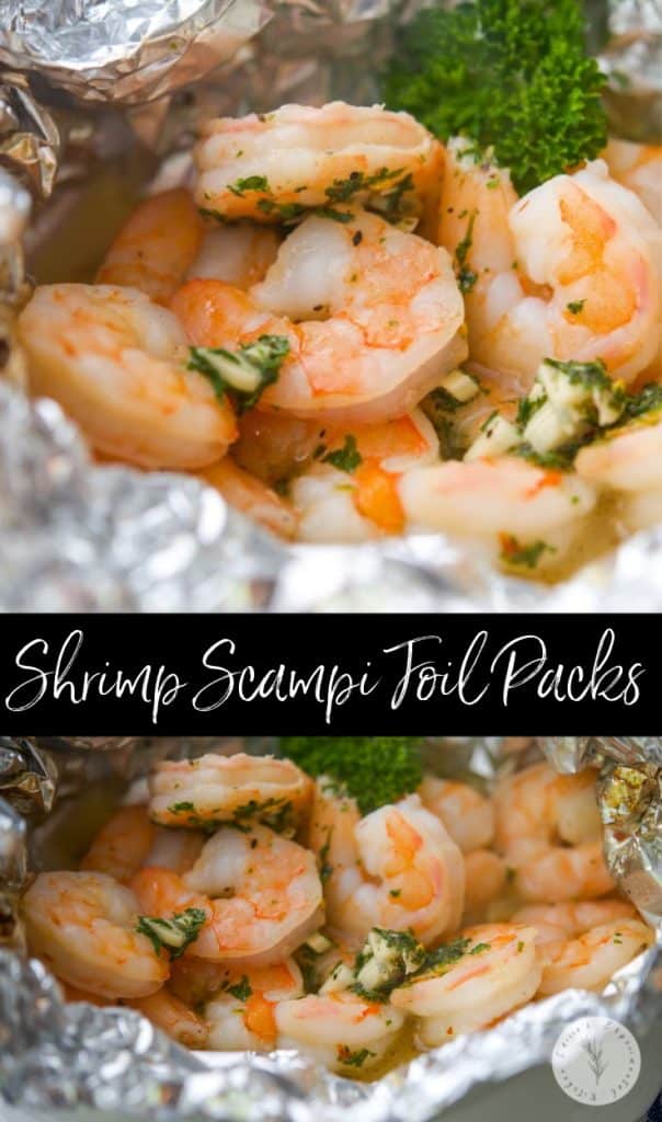 Shrimp Scampi made with garlic, white wine, butter and lemon juice grilled in foil packs is a tasty way to enjoy a meal outdoors with little cleanup. 