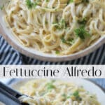 A bowl of and pasta, with Fettuccine and Cream