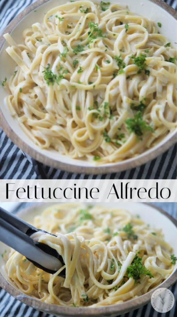 A bowl of and pasta, with Fettuccine and Cream