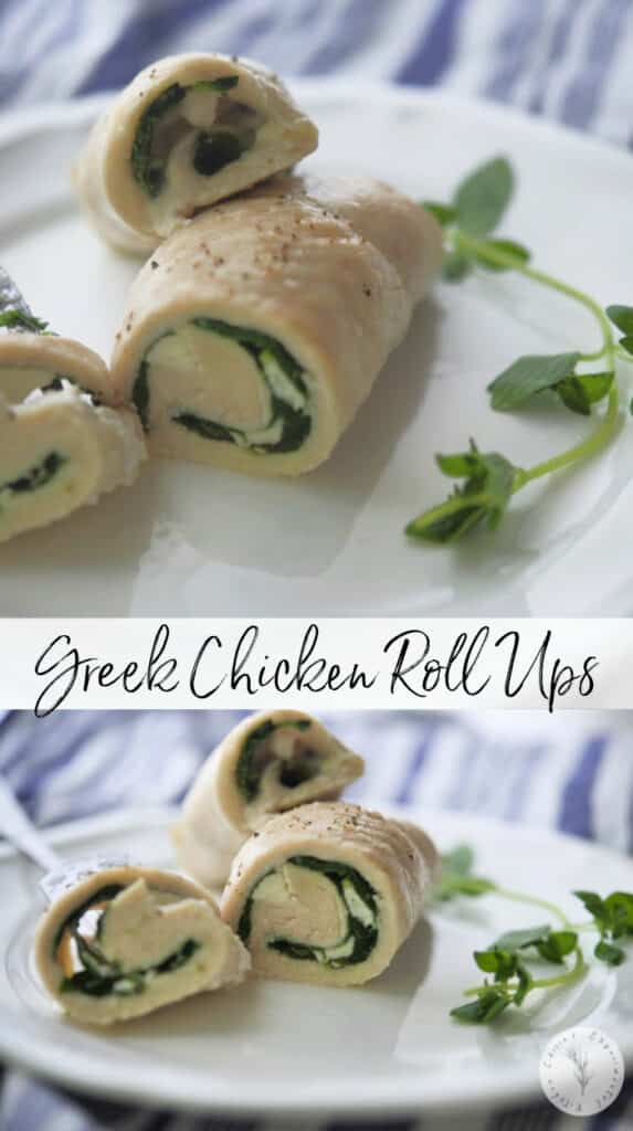 Greek Chicken Roll Ups made with boneless chicken breasts that have been stuffed with Feta cheese, spinach and fresh oregano. 
