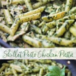 Penne pasta combined with boneless chicken in a homemade pesto sauce; then cooked on top of the stove in a skillet is a quick and easy weeknight meal.