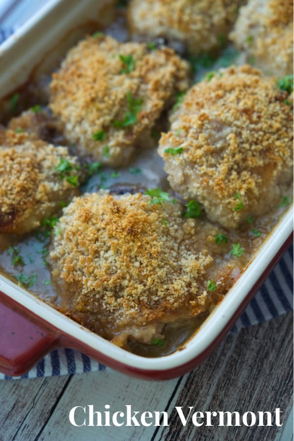 Chicken thighs dipped in maple syrup, seasonings, coated with panko breadcrumbs; then baked in apple cider.