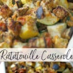 Ratatouille Casserole made with eggplant, squash, tomatoes, mushrooms and onions tossed with grated Pecorino Romano cheese and breadcrumbs. 