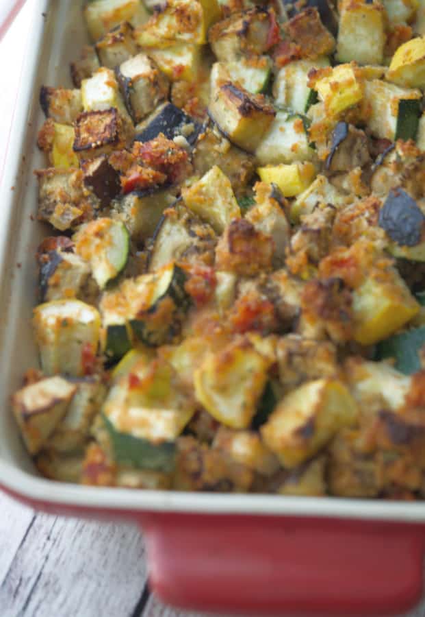 Ratatouille Casserole made with eggplant, squash, tomatoes, mushrooms and onions tossed with grated Pecorino Romano cheese and breadcrumbs. 