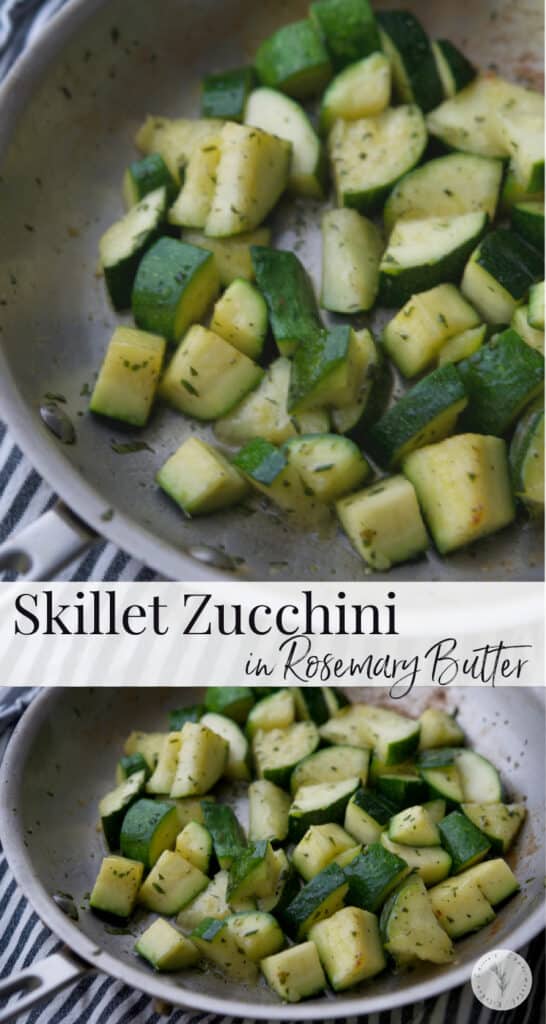 Fresh garden zucchini squash sautéed in a skillet on top of the stove in rosemary butter is a tasty, quick vegetable side dish. 