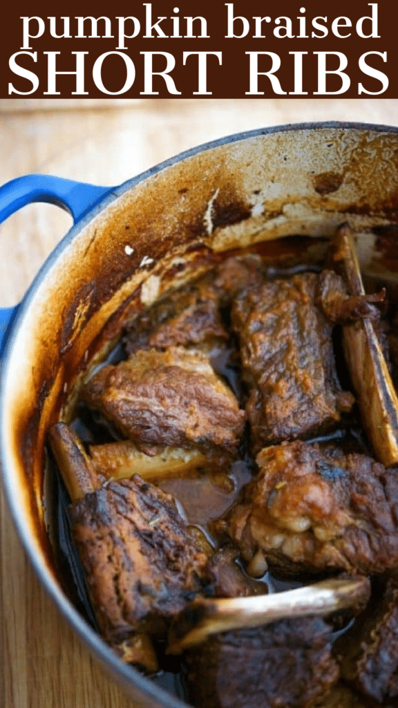 beef short ribs in a blue dutch oven