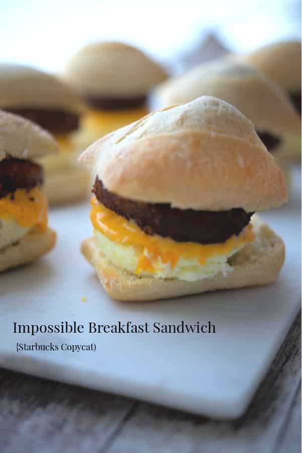 Starbuck's Impossible Breakfast Sandwich made with a vegetable based sausage patty, egg and cheese on a Ciabatta roll. 