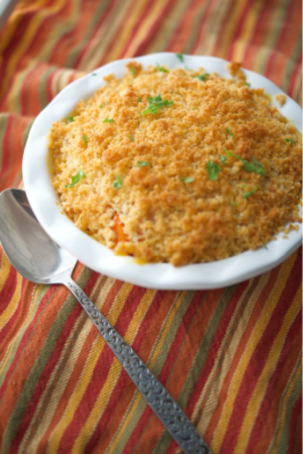 Mashed Carrot Casserole on a colorful napkin