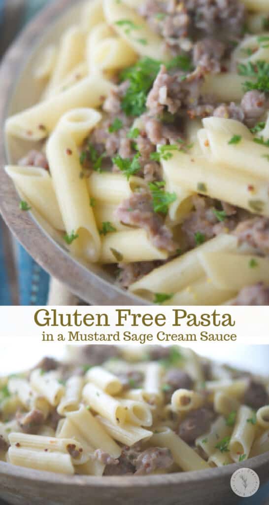 Gluten free pasta tossed with sweet Italian sausage in a mustard, white wine sage cream sauce is a delicious, quick weeknight meal.