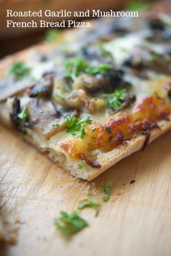 French bread pizza topped with a creamy parmesan sauce, roasted garlic, sautéed mushrooms and shredded Italian cheese blend. 