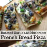 French bread pizza topped with a creamy parmesan sauce, roasted garlic, sautéed mushrooms and shredded Italian cheese blend.