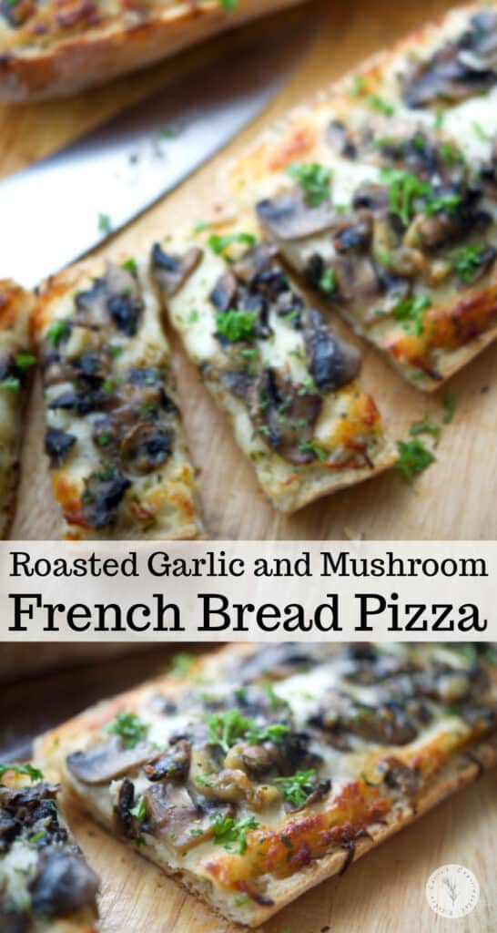French bread pizza topped with a creamy parmesan sauce, roasted garlic, sautéed mushrooms and shredded Italian cheese blend.